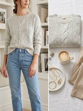 Eileen Fisher Peppered Classic Cotton Blend  Cable Knit Boat-Neck Sweater, XS